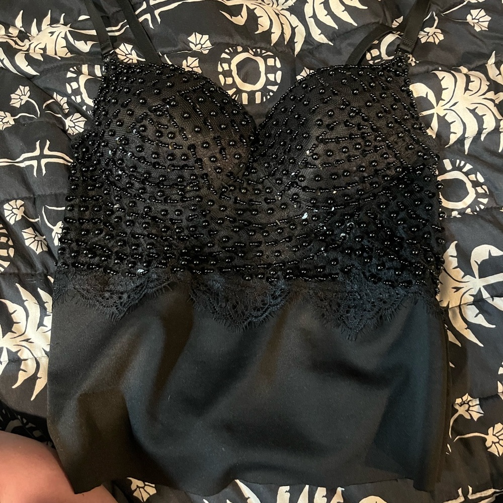 black push up tank top, beaded, lace trim size m cup size c